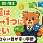 銀行口座を1つにまとめたい記事のアイキャッチ。通帳3冊を持つスーツのクマと口座が1つに集まる図