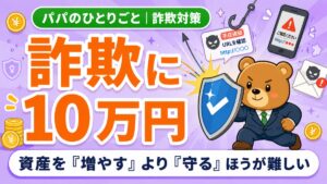 盾を構えるスーツのクマが、釣り針や偽のSMSを弾くイラスト。詐欺に10万円・資産を増やすより守るほうが難しい