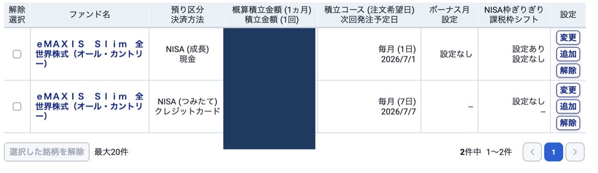 SBI証券の投信積立設定一覧 つみたて枠と成長枠でオルカンを毎月積立（金額は非表示）